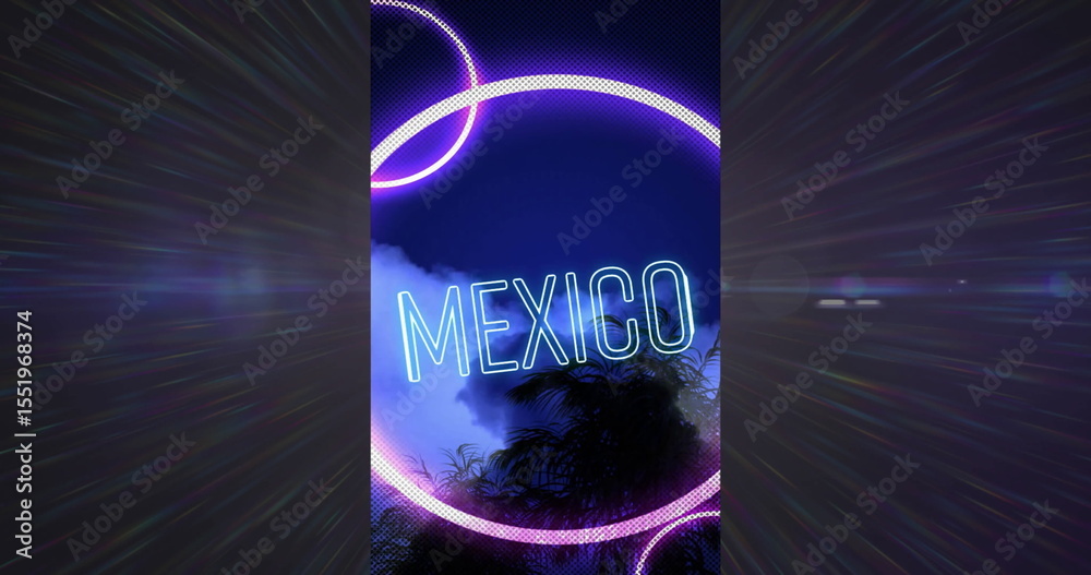 Fototapeta premium Showing neon text MEXICO inside intersecting purple rings on poster with palm trees, drifting mist