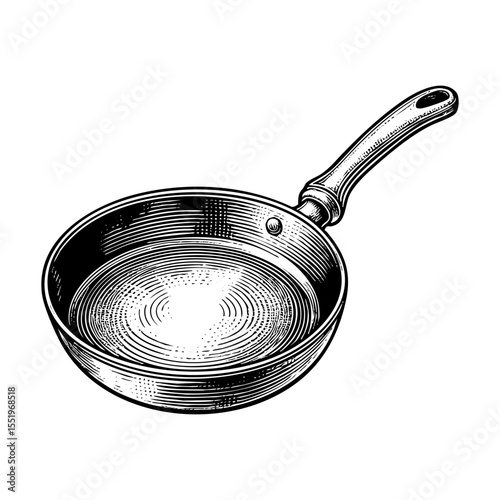 Frying pan sketch engraving black and white outline. Scratch board imitation.