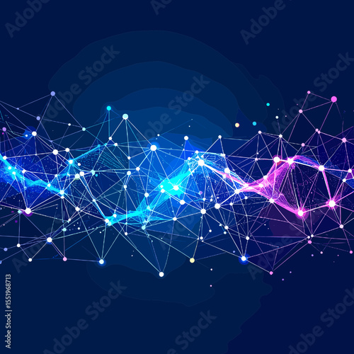 Abstract Network Connection of Blue and Purple Data Wave with Futuristic Technology on Dark Blue Background