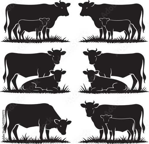 Vector cow and calf silhouettes collection
