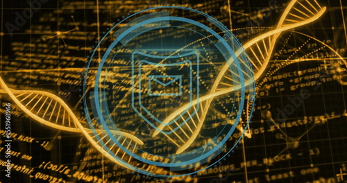 Floating holographic interface in cyber grid, with golden DNA helices and shield envelope icon