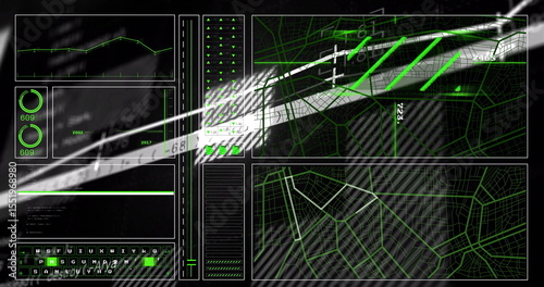 Futuristic HUD interface overlaying control station display, with line graph and map overlays