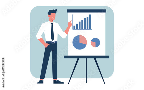 Flat Vector of Confident Businessman Presenting Sales Pitch on Whiteboard with Charts