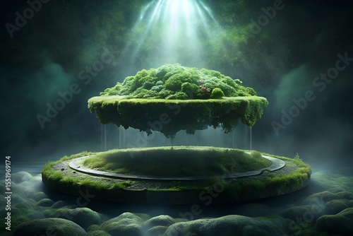 Enchanting ethereal floating island covered in lush green moss and grass illuminated by mystical light beams from above
