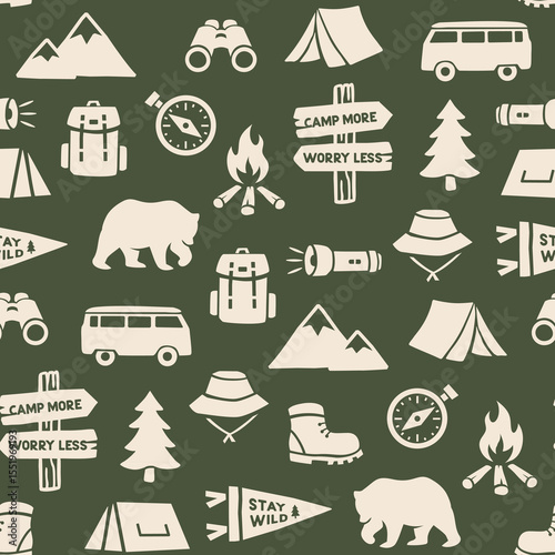 Camping elements seamless pattern. Camping background. Camping doodle illustration. Vector illustration. Seamless pattern with cartoon camp gear, compass, bear, camper, and camping tents.	