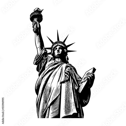 Liberty statue sketch engraving black and white outline. Scratch board imitation.  illustrated in vintage line art style on a white background.