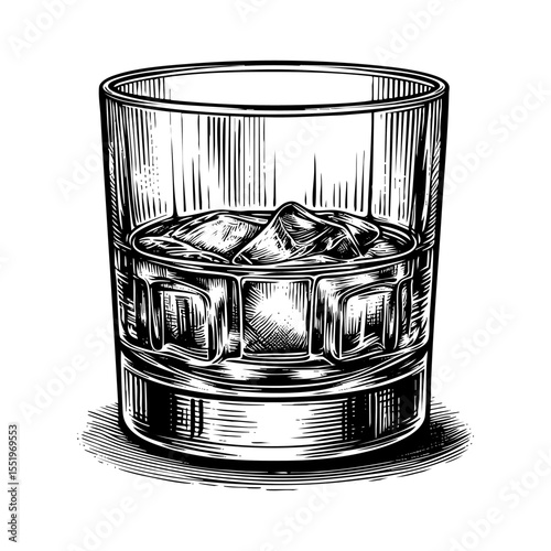 Glass of whiskey full ice cube sketch engraving black and white outline. Scratch board imitation.