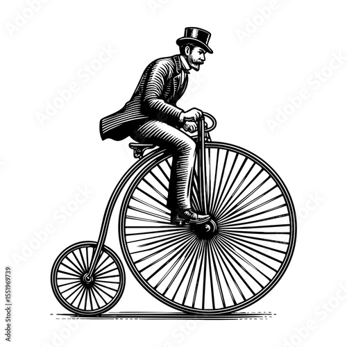 Gentleman riding penny farthing bicycle sketch engraving black and white outline. Scratch board imitation.  illustrated in vintage line art style on a white background.