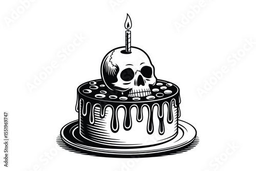 Monochrome skull birthday cake with candle on a white background