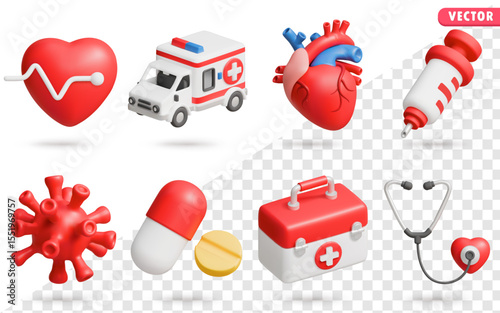 Medical 3D Vector Icon Set: Heartbeat,Ambulance,Heart Anatomy,Syringe,Virus,Pills,Aid kit,Stethoscope,