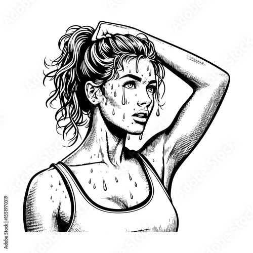 Woman sweating sketch engraving black and white outline. Scratch board imitation.  illustrated in vintage line art style on a white background.