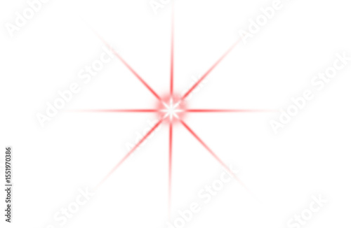 Red glowing star light lens flare effect isolated on transparent background.