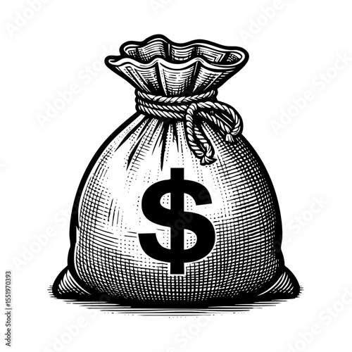 sack of money sketch engraving black and white outline. Scratch board imitation.