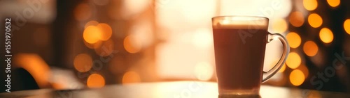 Glass of coffee sitting on a table in front of a window