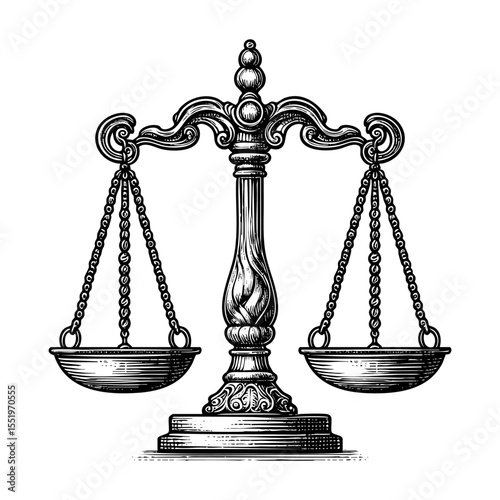 Scales of justice sketch engraving black and white outline. Scratch board imitation.  illustrated in vintage line art style on a white background.