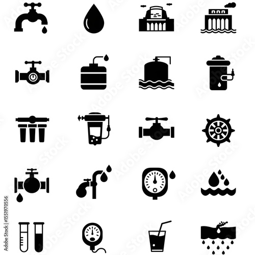 Essential Water Supply System Icons:  Pipes, Valves, Filters, Tanks, and Water Treatment Plant Symbols for Clean Water Resources