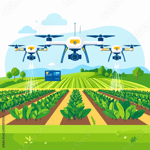 Agriculture Drones Spraying Crops on Farm Land Under a Sunny Sky with Green Fields and Advanced Technology for Precision Farming and Modern Agriculture