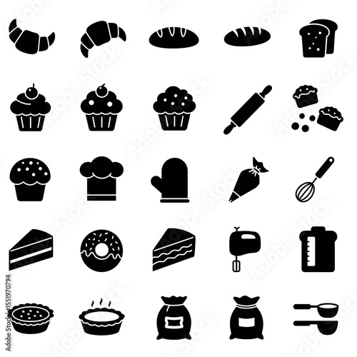 Delicious Bakery Icons Collection: Bread, Cakes, Pastries, and Baking Tools Graphics