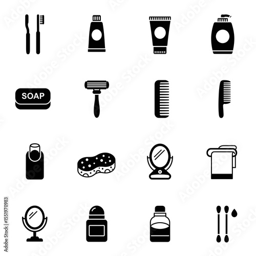 Bathroom Essentials Icons Set: Toothbrush, Soap, Razor, Comb, Sponge, Mirror, Towel, Deodorant, Lotion, Cotton Swabs Hygiene Products