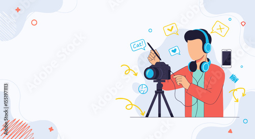 Faceless content creation character adjusting camera with tripod and accessories for YouTube content in modern flat vector style