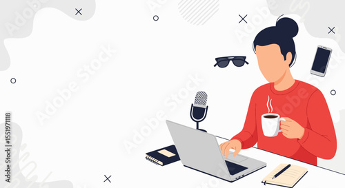 Faceless content creator character typing on laptop with coffee and mic for article writing in modern flat vector illustration