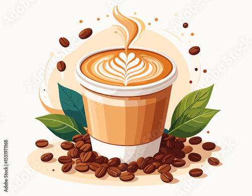 Artistic Coffee Cup with Latte Art and Coffee Beans on White Background Featuring Fresh Green Leaves and Beige Accents
