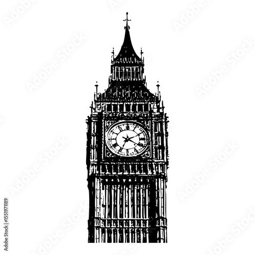 Big ben England sketch engraving black and white outline. Scratch board imitation.  illustrated in vintage line art style on a white background.