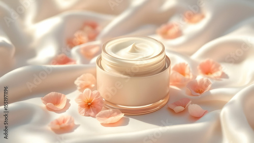 Luxury skincare cream product photography with flowers and silk for beauty and wellness concept