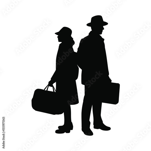 Silhouette of a Man and Woman Standing Back to Back with Luggage