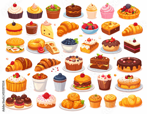 Assorted Pastries and Desserts Featuring Cakes Croissants and Cupcakes with Sprinkles Cherries and Fruit Toppings on White Background in Pixel Art Style