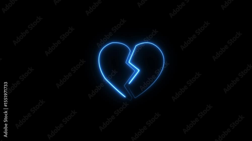 Sad love video animation Glowing broken heart neon icon .Animation icon of a broken heart 4k on black background. Concept of unrequited love broken heart neon sign animation Neon br