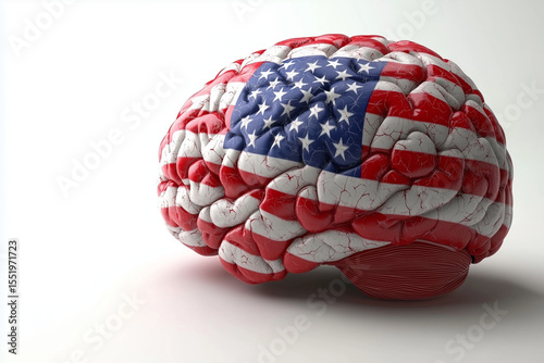 Brain painted with American flag, light background, symbolizing American wisdom, brain model, US flag, patriotic symbolism, Independence day, Fourth of July