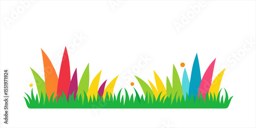 grass border doodle in colorful kid style on white on transparent background