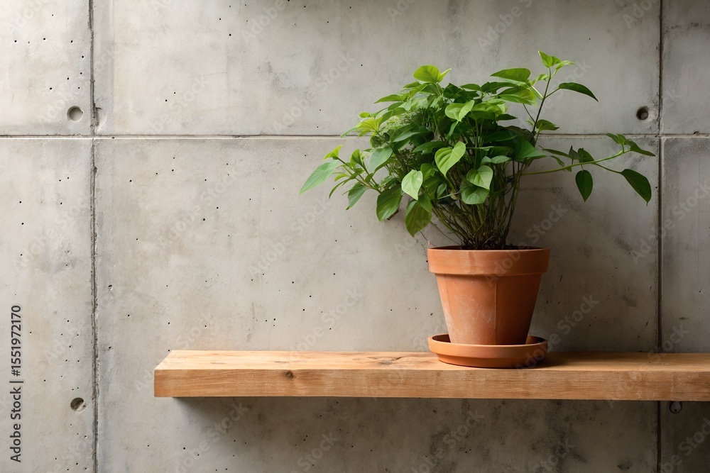 Naklejka premium A potted plant sits serenely on a light wooden shelf against a backdrop of a textured concrete wall.