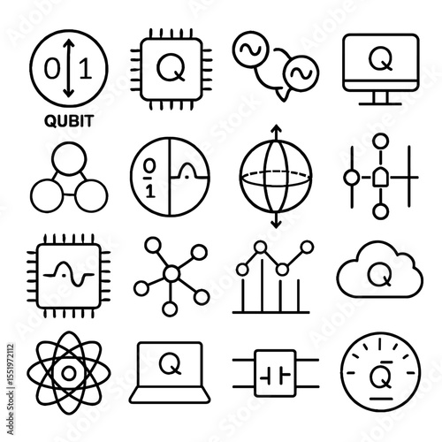 Quantum Computing Icon Set: Qubit, Processor, Monitor, Cloud, Atom, and More