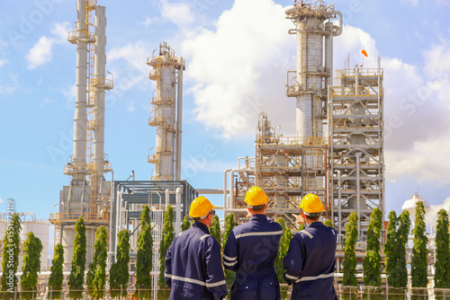 Back view Male engineers walk into the area, inspect safety work area of ​​the refinery separate gas and petroleum chemicals hold a workshop and prevent safety in the outer refinery area : Copy Space