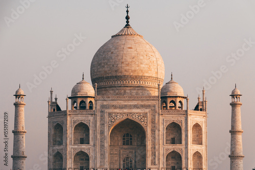 Closeup view of The Taj Mahal, The Taj Mahal is an ivory-white marble mausoleum on the south bank of the Yamuna river