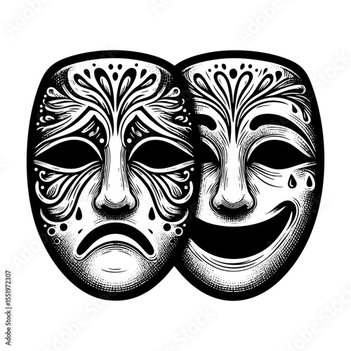 sad and smile mask sketch engraving black and white outline. Scratch board imitation.