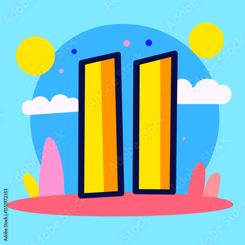 Bright Yellow and Orange Abstract Towers Under a Blue Sky