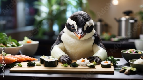 A Penguin Expertly Crafts Delicious Sushi Rolls in a Cozy Kitchen Setting Preparing a Variety of Fresh Ingredients for a Healthy Meal