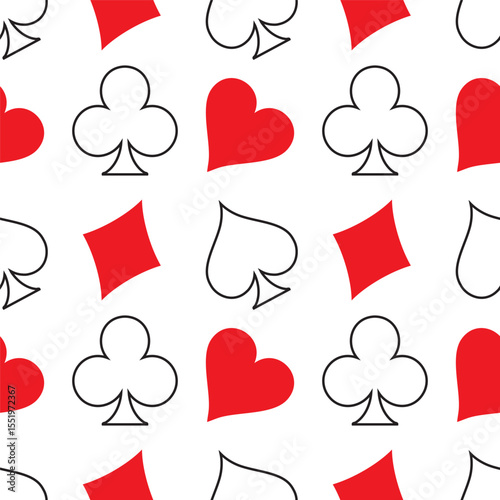 Seamless pattern of playing card symbols. Spades, clubs, hearts, diamonds isolated on a white background. Vector illustration