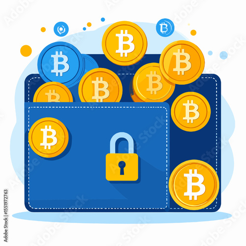 Blue Wallet Overflowing with Golden Bitcoins Secured by a Padlock Representing Digital Currency and Online Finance