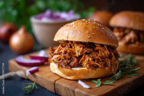Pulled pork sandwich is served on a wooden board. American cuisine, barbecue, comfort food, slow cooked.