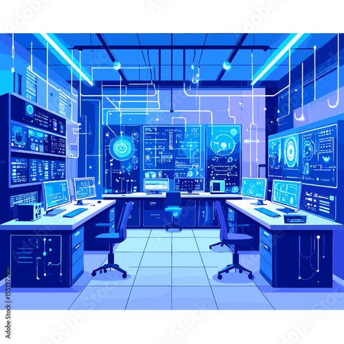 Blue Toned System Control Center Room with Multiple Desks and Network Infrastructure