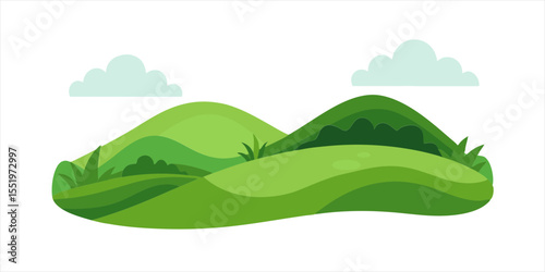 nature scene with grassy hills in clipart style on white background on transparent background