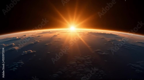 Majestic Sunrise over Earth A breathtaking view of the sun rising above the clouds and planet Earth from space