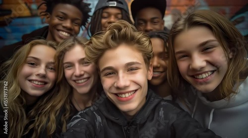 Group of smiling teenagers take a selfie in front of the graffiti wall. Slow motion. 4K.
