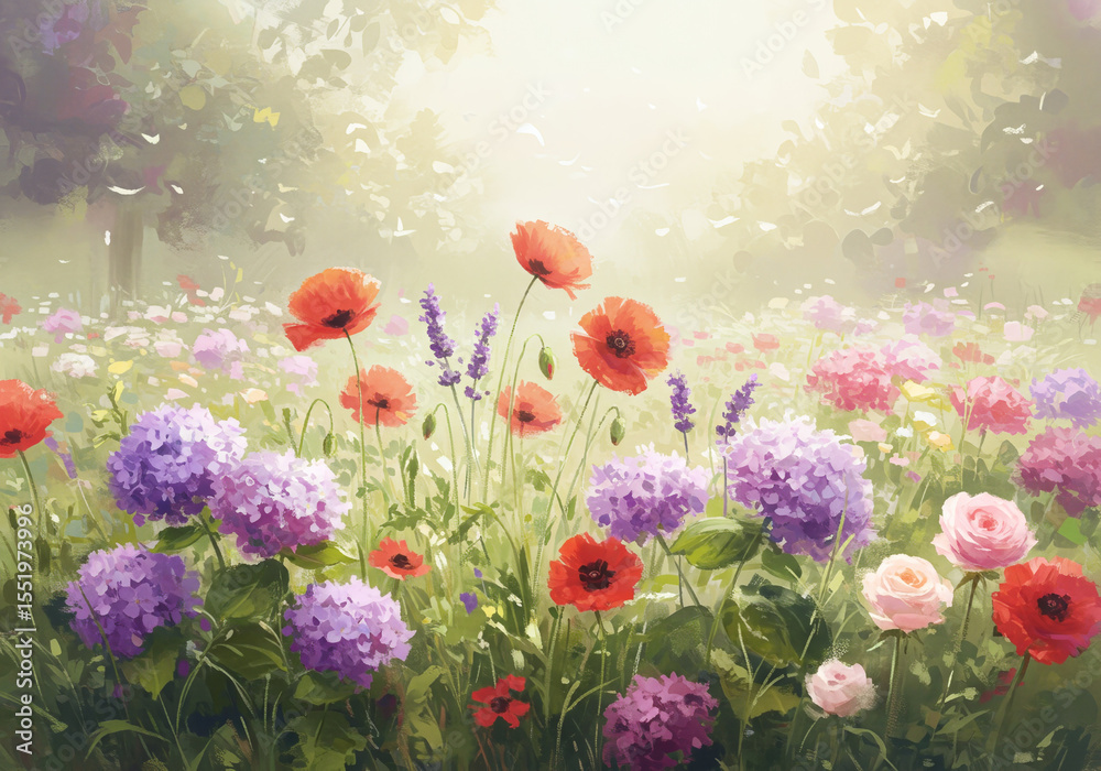 Obraz premium A beautiful flower field with red poppies, purple hydrangeas, and pink roses blooming under soft light