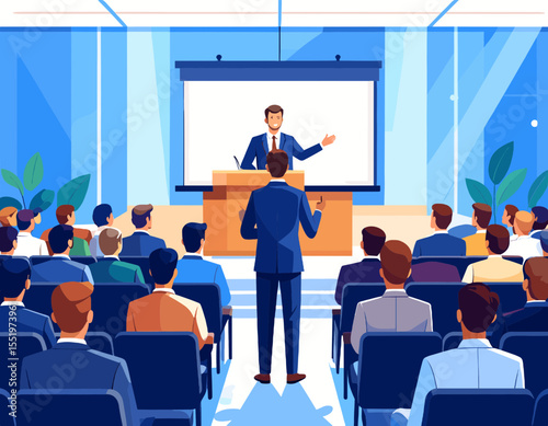 Business Conference Presentation with Audience in Blue and White Tones Vector Illustration