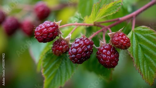 Ripe raspberries on a vine in lush green garden setting